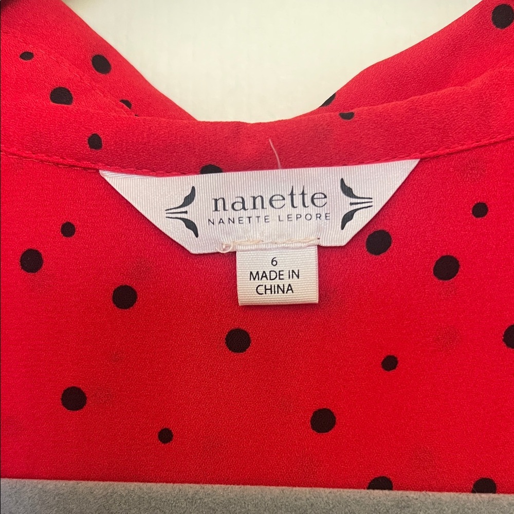 Nanette Lepore Red Button Up Midi Dress with Black Polka Dots - Picture 3 of 10